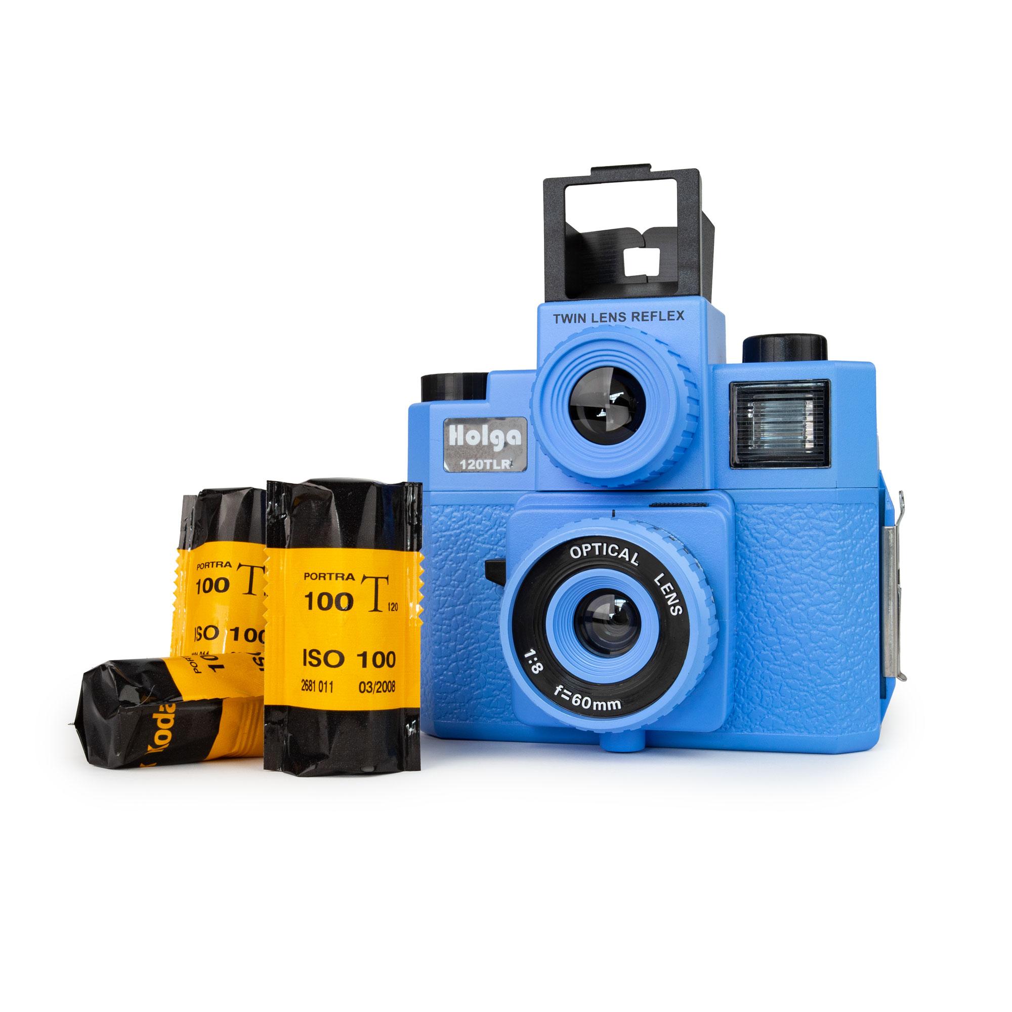Set HOLGA 120 TLR appareil photo bleu Twinlens avec flash 3x Kodak Portra 100T 120