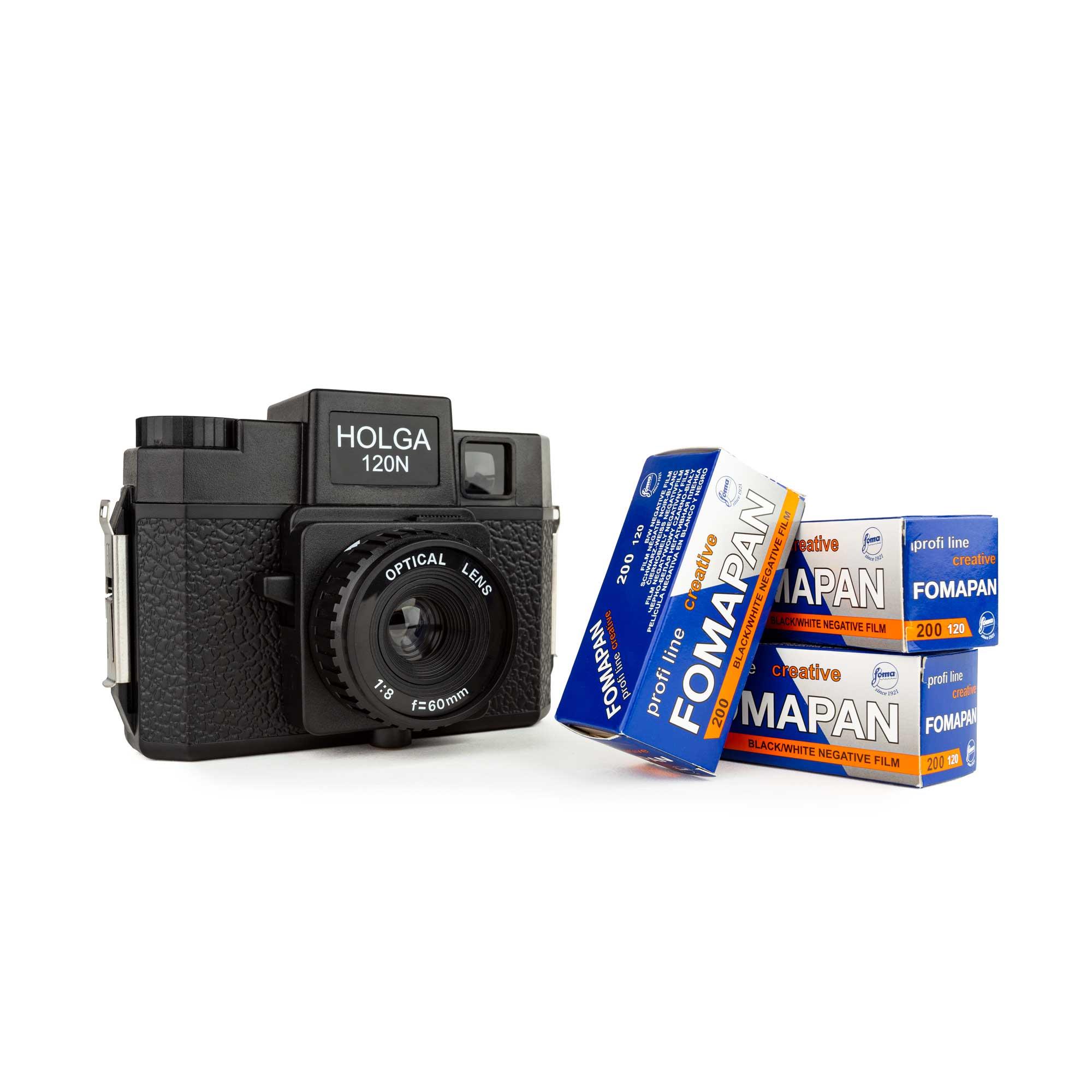 Set HOLGA 120 N Kamera für 120er Rollfilm schwarz + 3 fomapan 200
